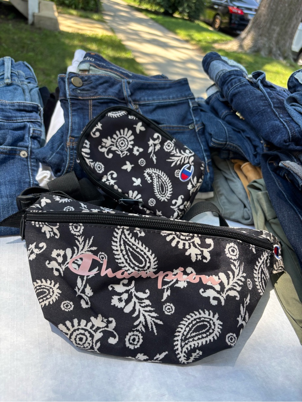 Champion Black Paisley Waist Bag with Pink Script Logo